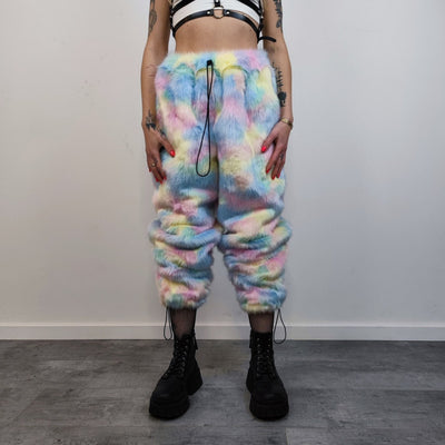 Unicorn fur joggers winter raver pants fluffy rainbow trousers skiing fleece tie-dye overalls festival bottoms burning man pants pastel pink