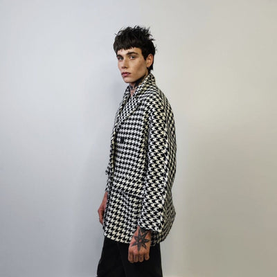 Houndstooth jacket Chequerboard outdoor blazer SKA aviator chess pattern coat dogtooth double breasted pea coat in black and white