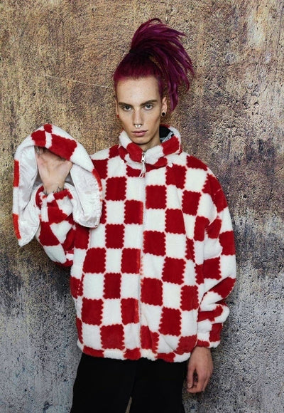 Check fleece hood jacket handmade fluffy chess bomber in red