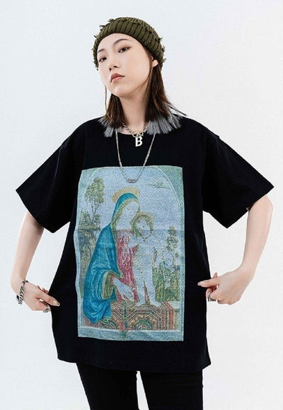 Baroque print t-shirt faded retro religion tee virgin top