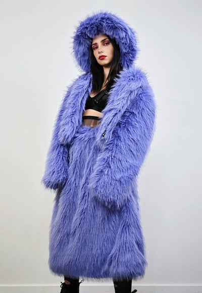 Shaggy fur coat blue collarless cropped trench rave festival