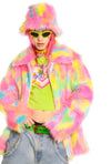 Rainbow shaggy faux fur jacket unicorn raver bomber fluffy festival coat party fleece bomber neon burning man coat in bright pink blue