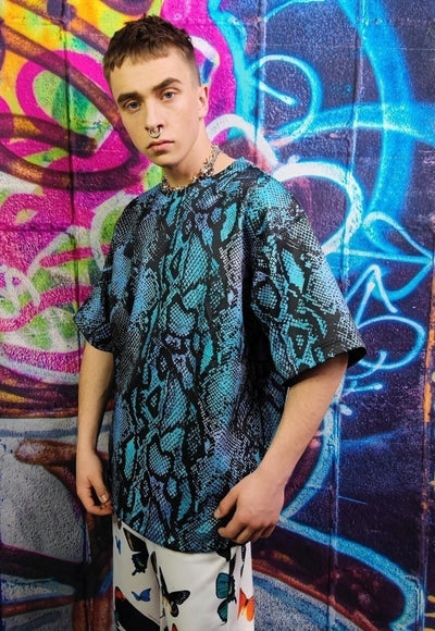 Snake print t-shirt handmade python tee punk top in blue