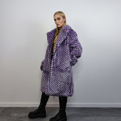 Checked faux fur longline coat geometric trench bright raver bomber fluffy winter fleece festival jacket neon burning man coat in purple