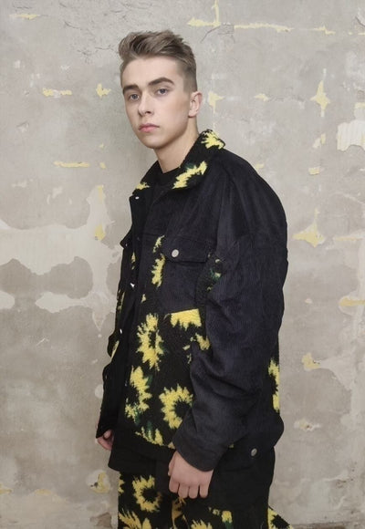 Reworked floral print jacket daisy fleece patch bomber black