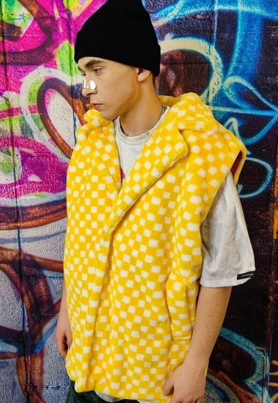 Chequerboard fleece jacket handmade 2 in 1 check coat yellow