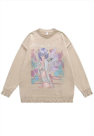 Anime girl sweater Manga knit distressed Kawaii jumper grey