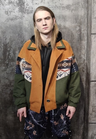 70s Aztec varsity jacket suede feel bomber in khaki green