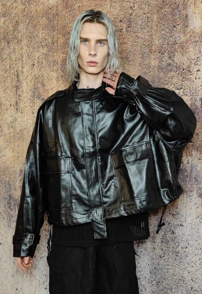 Oversize faux leather utility jacket wide biker bomber black