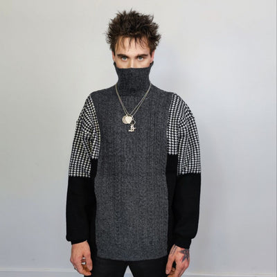 Grunge turtleneck hound-tooth sweater contrast stitching edgy jumper oversize knitted top raised neck sweat cable knitwear pullover in grey