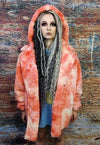 Tie-dye fleece coat handmade 2in1 hooded trench jacket red