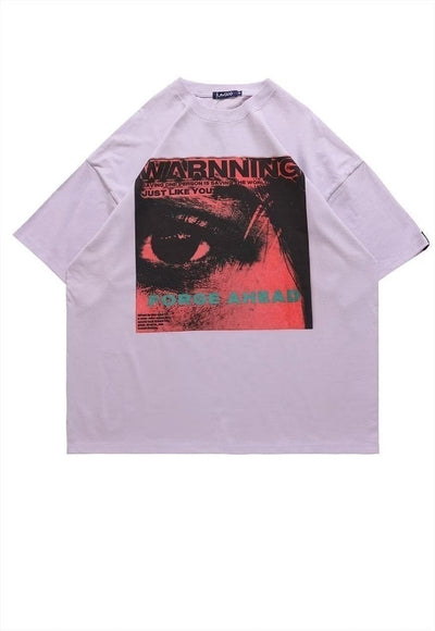 Warning print t-shirt stared eye tee punk poster top black