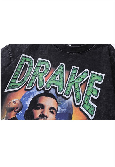 Drake t-shirt rapper print tee retro hip-hop top in grey