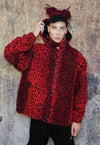 Leopard fleece hooded jacket handmade fluffy animal coat red