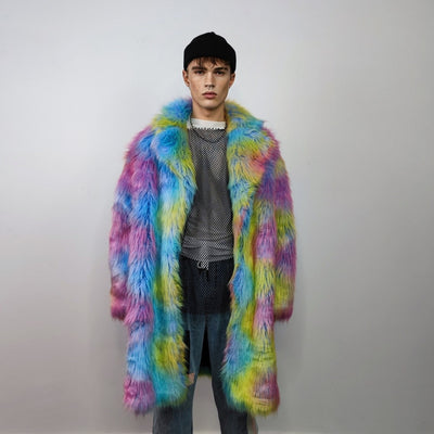 Rainbow Faux fur long coat unicorn trench neon raver bomber fluffy tie-dye fleece psychedelic festival jacket burning man going out coat