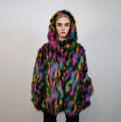 Hooded faux fur striped neon jacket zebra bomber raver puffer fluffy tie-dye fleece festival trench burning man going out overcoat in black