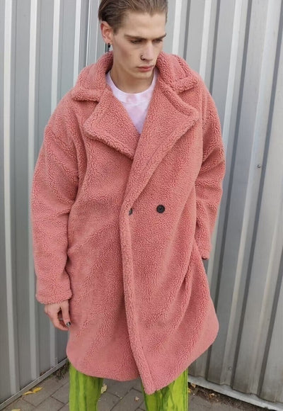 Fleece trench jacket in pastel pink fluffy mac coat in pink