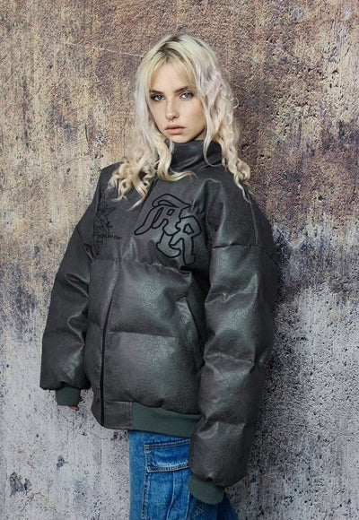 Faux leather bomber jacket angel patch grunge puffer in grey