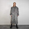 Shaggy fur coat stripe pattern longline collarless trench rocker overcoat long hair bomber festival jacket customizable peacoat grey white