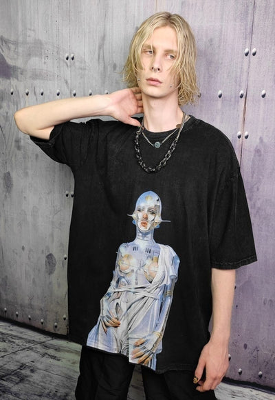 Robot t-shirt Ex machina print tee punk Alien top acid black