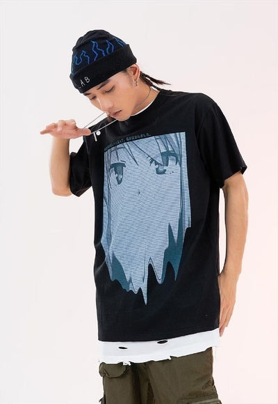 Anime print t-shirt Korean cartoon tee grunge top in grey