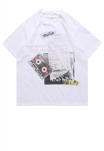 Cassette print t-shirt retro tee skater graffiti top grey