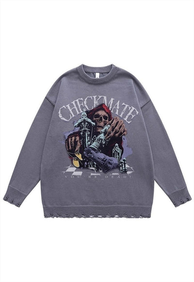 Pirate sweater skull print knit distressed jumper in beige