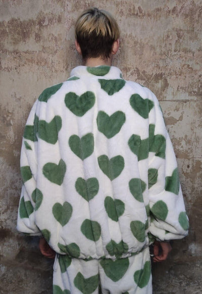 Heart fleece bomber handmade fluffy love jacket green cream