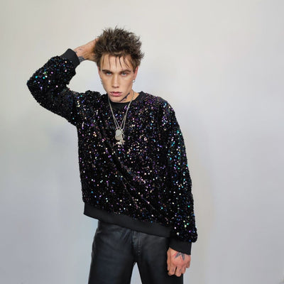 Sequin sweatshirt glitter top sparkle jumper party pullover glam rock long sleeve top embellished sweater in black purple