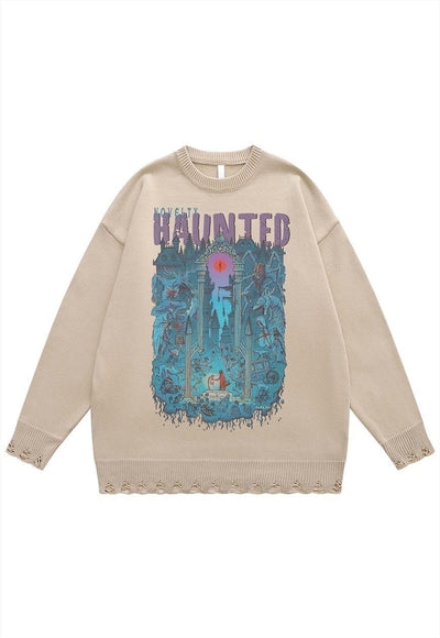 Creepy sweater haunted jumper ripped knitted top in grey