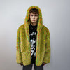 Checked faux fur hooded jacket geometric bomber bright raver coat fluffy winter fleece festival puffer neon burning man hoodie in yellow