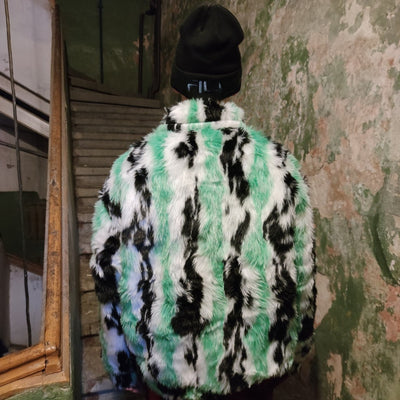 Tiger print faux fur jacket tie-dye fluffy bomber festival varsity raised neck fleece coat high fashion zebra stripe coat in green white