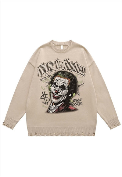 Joker print sweater clown jumper ripped knitted creepy top