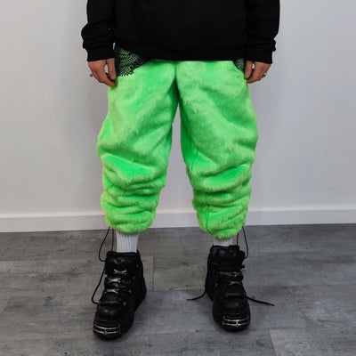 Neon faux fur joggers winter raver pants fluffy skiing trousers mountain fleece overalls festival bottoms burning man pants in green