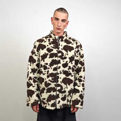 Fleece track jacket cow bomber detachable hood animal print tracksuit brown festival coat furry overcoat spot pattern pullover Dalmatian top