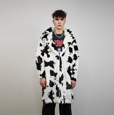 Cow coat faux fur spot pattern trench animal overcoat going out bomber detachable rave festival jacket rock and roll peacoat in white black