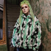 Tiger print faux fur jacket tie-dye fluffy bomber festival varsity raised neck fleece coat high fashion zebra stripe coat in green white