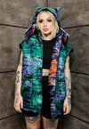 Tie-dye bomber handmade detachable graffiti puffer devil horn jacket abstract gradient print reversible coat in blue orange