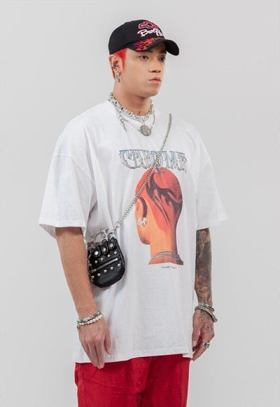 Punk print t-shirt retro grunge tee raver top in white