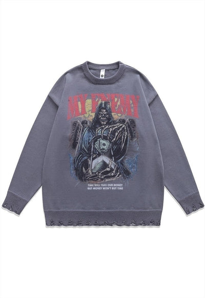 Creepy sweater skeleton knit distressed horror jumper black