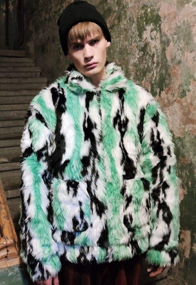 Tie-dye cow fleece jacket faux fur grunge bomber in green