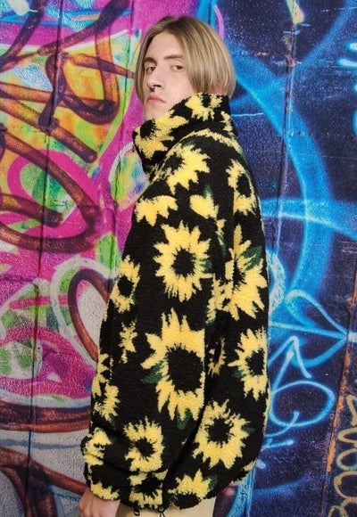 Sunflower fleece bomber handmade daisy floral outdoor jacket