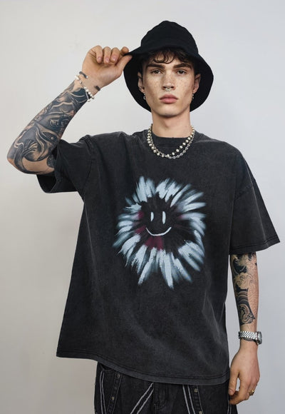 Sun print t-shirt graffiti emoji tee grunge raver top grey