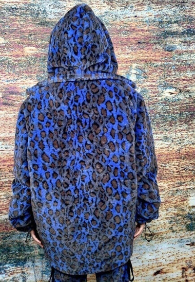 Leopard fleece coat handmade 2in1 tie-dye trench jacket blue