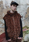 Chequerboard fleece jacket handmade 2 in 1 check coat brown