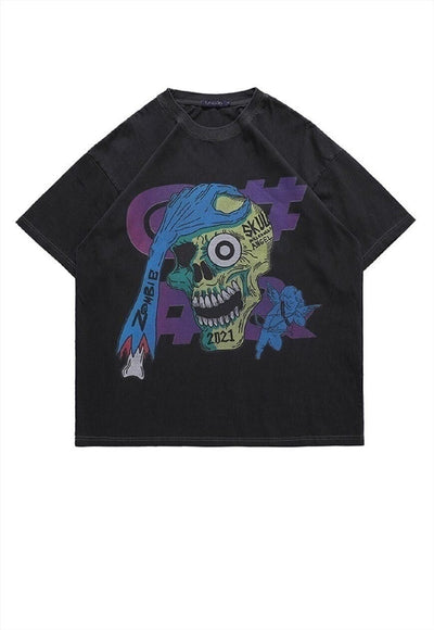 Skeleton print t-shirt skull tee grunge raver top in grey