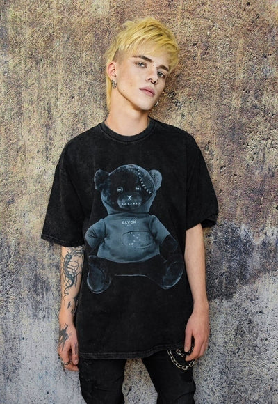 Gothic bear t-shirt grunge tee retro teddy top in acid black