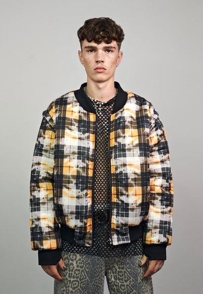 Tie-dye tartan varsity jacket yellow check reversible bomber