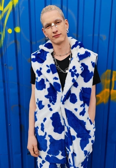 Cow fleece coat handmade 2 in1 animal print jacket in blue