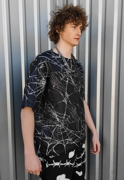 Spiderweb print t-shirt handmade Gothic tee punk top black